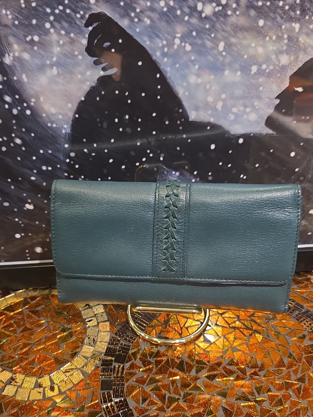 Amanda Smith Teal Leather Wristlet Clutch with Braided Strap Detail